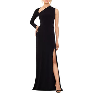 Betsy & Adam Black Asymmetric Neck Thigh Slit One-Sleeve Gown
